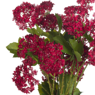 Close-up of artificial crimson viburnum showing the dense flower clusters, green leaves, and bundled stems.