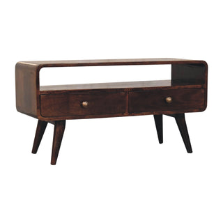 Curved walnut media unit with open shelf and two drawers, featuring mid-century style tapered legs.