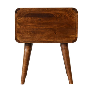 Symmetrical front view of the curved chestnut nightstand, highlighting the rich wood grain and tapered legs.