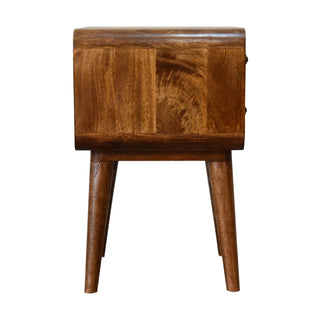 Side elevation of the chestnut nightstand showing the pronounced curve and angled tapered legs.