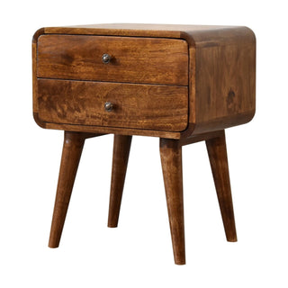 Three-quarter view of the chestnut bedside table showing two drawers and tapered legs.