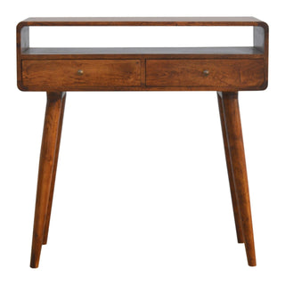 Curved chestnut console table, front view. Features two drawers, open shelf, and tapered legs.