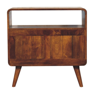 Full frontal studio view of the console table showing the open upper shelf and the vertical wood grain panels below.