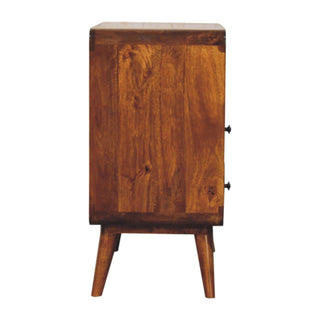 Side profile of the wooden console table showing its depth, rich wood grain, and two tapered angled legs.