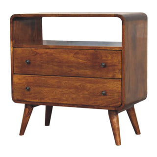 Angled view showing the console table's open shelf, two drawers with dark knobs, and tapered wooden legs.