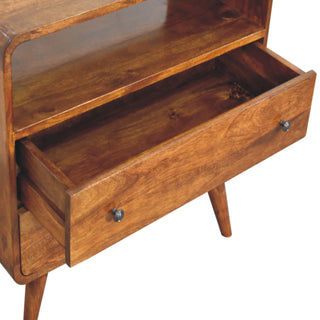 Angled close-up showing the open drawer, interior wooden box, and the storage shelf above.