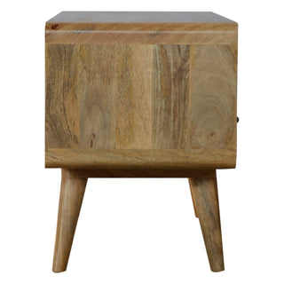 Detail of the unit's depth, showing the curved end panel, wood grain, and tapered wooden legs.