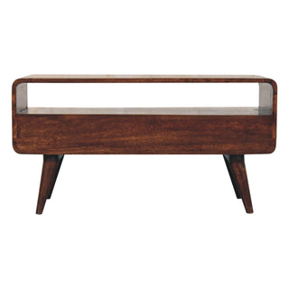 Full view of the walnut media unit, highlighting the curved top and mid-century tapered legs.