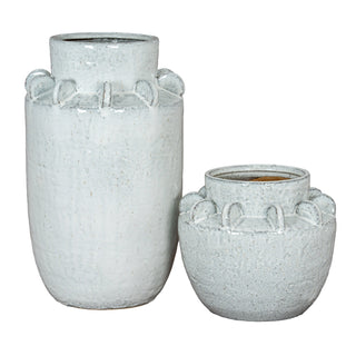 Large speckled ceramic vase shown next to the smaller coordinating vase against a white background.