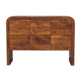 Front view of the Darcy 3 over 3 drawer chest in chestnut finish, featuring rounded corners and six drawers with metal knobs.