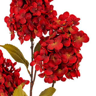 Close-up of the dark red artificial hydrangea florets showing texture and subtle yellow-green detailing.