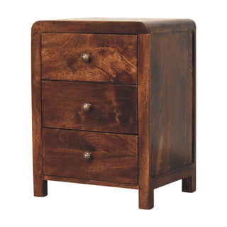 Dark walnut wooden bedside cabinet with three drawers, rounded top corners, and small metal knobs. Plain front-on shot.