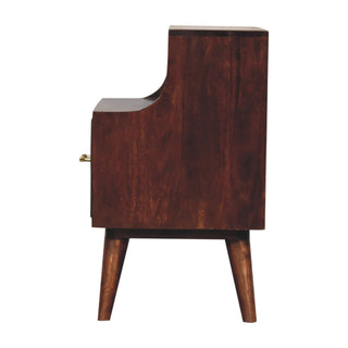 Side profile view of the dark wood bedside cabinet, showing the depth, raised back panel shape, and tapered legs.
