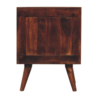 Back view of the dark wood bedside table showing the framed panel construction and tapered legs.