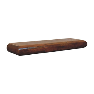 Angled view of the dark wooden wall console, highlighting the curved ends and polished finish.