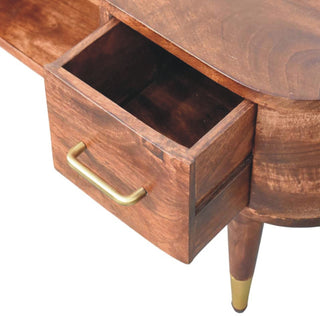 Detail shot of the dark wood drawer pulled open, showing the internal storage box and brass handle.