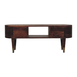 Dark wood media unit showing the seamless drawer panels flanking the central open storage slot.