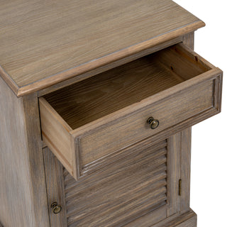 Detail shot of the wooden chest with the top drawer open, showing the internal construction and textured finish.