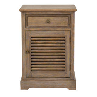 Plain front-on view of the wooden chest with one drawer and a louvred cupboard door.