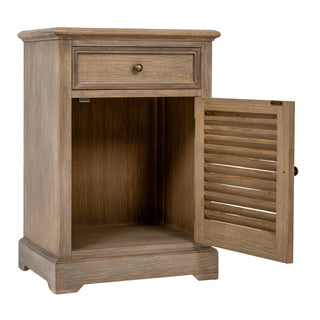 Angled view of the wooden chest with the louvred door open, showing the empty interior cupboard space.