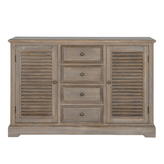 Symmetrical dresser base featuring two slatted doors and four central drawers on a white background.