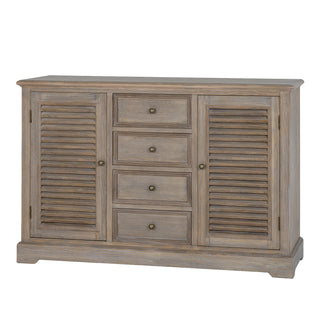Front view of the large dresser base on a white background, showing the weathered wood finish and brass drawer knobs.