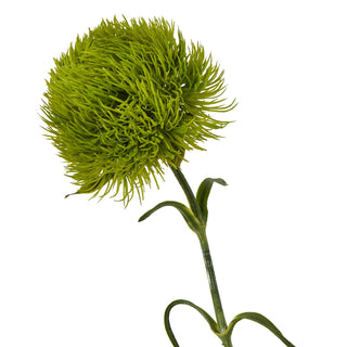 Close-up detail of the artificial dianthus flower head showing the spiky, fluffy texture and light green colour.
