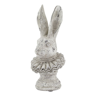 Plain front-on product shot of the distressed grey ceramic hare bust wearing a prominent ruffle.