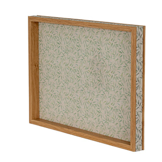 Side profile of the decorative tray, highlighting the oak frame depth and the patterned fabric on the exterior.