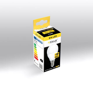 Box for the E14 LED bulb, angled view showing the yellow and black design, wattage, and energy efficiency label.