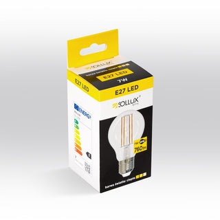 Angled product box for the E27 LED bulb, highlighting the energy efficiency label and bulb illustration.