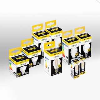 Multiple packaged LED bulbs of various fittings (E27, GU10, E14) displayed together on a light background.