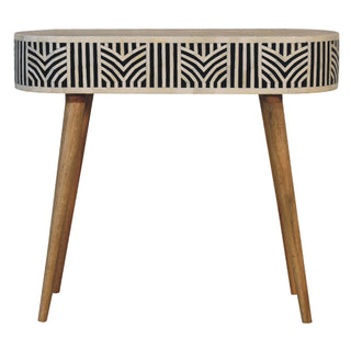 Console table showing the repeated vertical stripe and chevron design of the bone inlay apron.