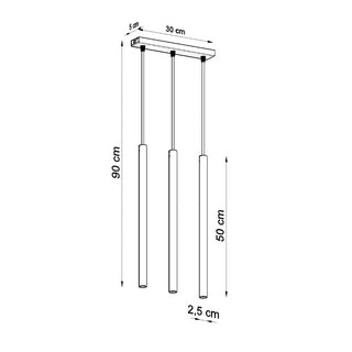 Technical drawing showing the dimensions of the three light pendant lamp in centimetres.