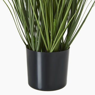 The base of the artificial agapanthus showing the smooth black pot and dense green foliage.
