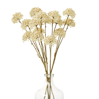 A bouquet of artificial cream allium sprays shown in a clear glass vase.