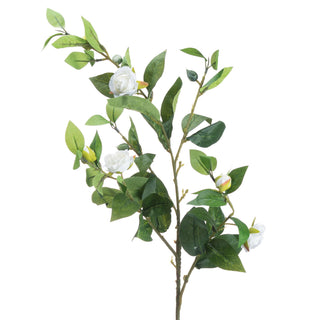 Full view of the artificial gardenia stem showing the branching structure, cream flowers, and varied green leaves.