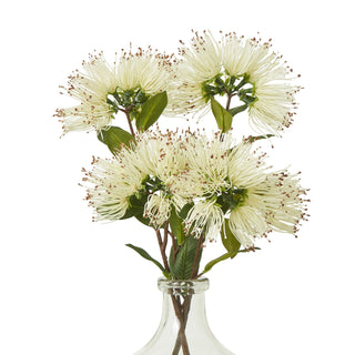 Artificial cream protea stems arranged in a clear glass bottle neck against a white background.