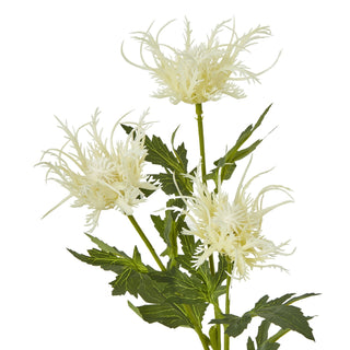 Close-up detail of the spiky cream flower heads and jagged green leaves of the artificial sea holly stem.