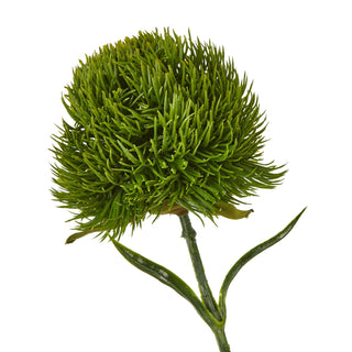 Close-up of the artificial dark green dianthus flower head showing the dense, spiky texture against a white background.