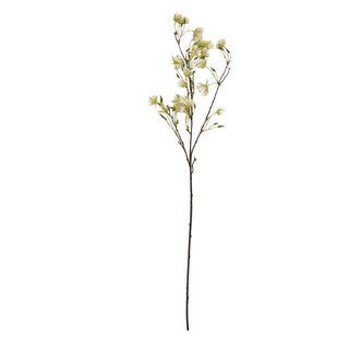 Plain studio shot of the full artificial stem, showing the long brown stalk and clusters of white and green flowers.
