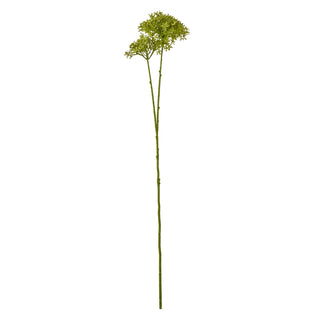 Full length view of the artificial green crown hydrangea floral stem against a white background.