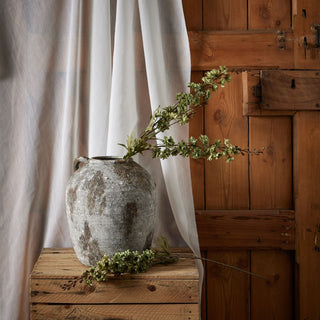 Artificial hops stem in a rustic grey urn on a wooden crate, set against sheer curtains and a wooden door.