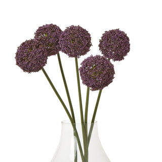 Five artificial purple allium stems grouped in a clear glass vase.