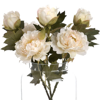 Studio shot of several artificial white peony stems with buds and dark leaves in a clear glass jar.