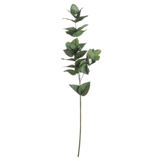 Plain front-on studio shot of a single artificial eucalyptus stem with matte green leaves.