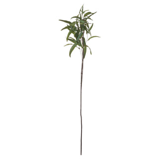 Single artificial eucalyptus spray stem shown full length against a plain white background.