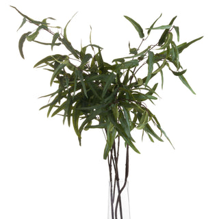 Artificial eucalyptus spray stems with dark green leaves in a tall, clear glass vase.