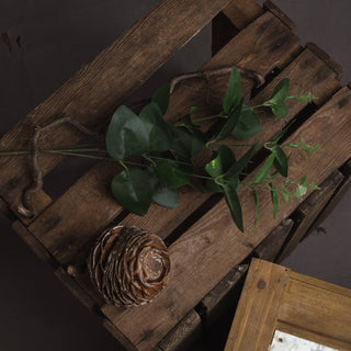 Artificial eucalyptus spray lying across dark wooden crates next to a large decorative pinecone.