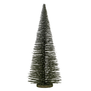 Plain front-on view of the tall, conical bottle brush tree, dark green with frosted tips, on a round textured base.